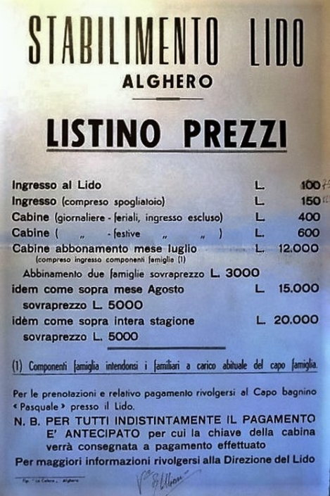 listino prezzi storico in lire | Lido di Alghero